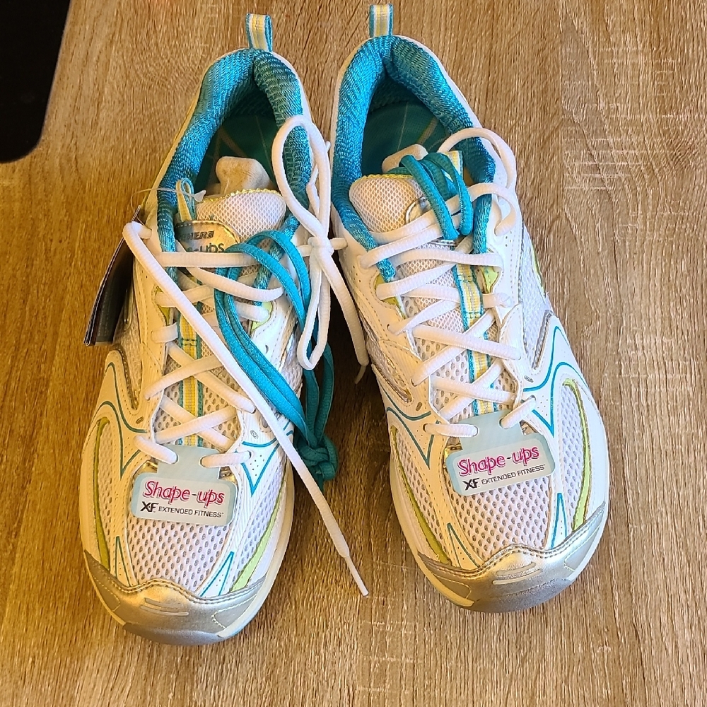 Skechers White and Blue Chunky Sneakers Shape Ups Size 9.5